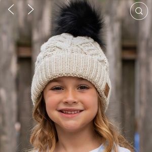 Panache kids Ivory Knit Hat with Black Faux Pom Fur